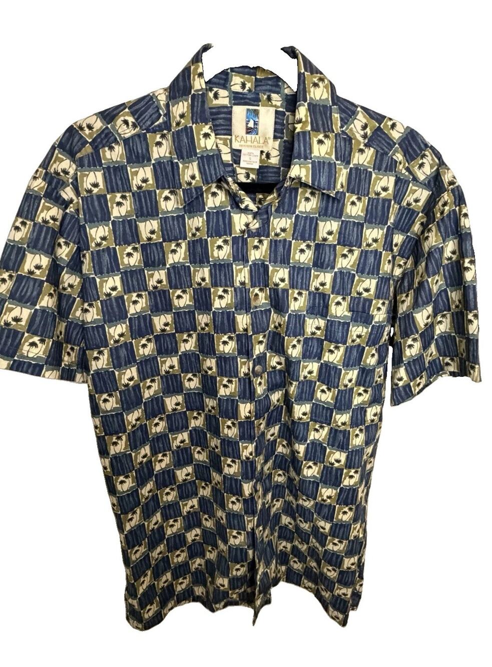 Kahala Hawaiian Shirt Men’s S Palm Tree Checkerboard Cotton Lawn Made in Hawaii